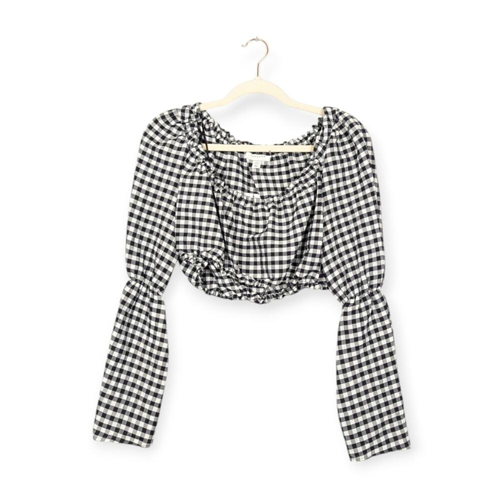 NWT Top Shop Black & White Gingham Long Sleeve Crop Top Size 8